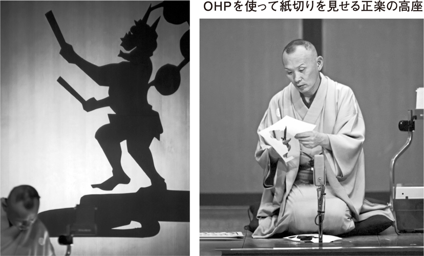 OHPを使って紙切りを見せる正楽の高座