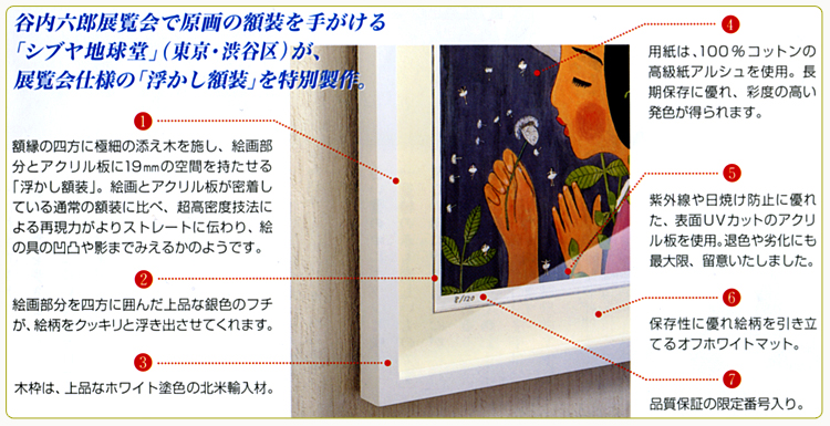 谷内六郎展覧会で原画の額装を手がける「シブヤ地球堂」が、展覧会仕様の「浮かし額装」を特別製作